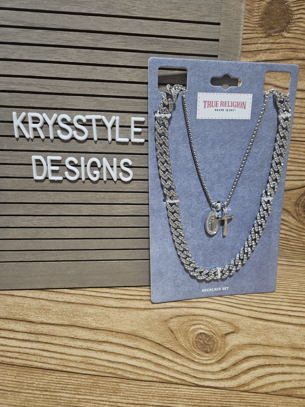 True Religion Necklace Set Silver Tone Cross And Cuban Chain